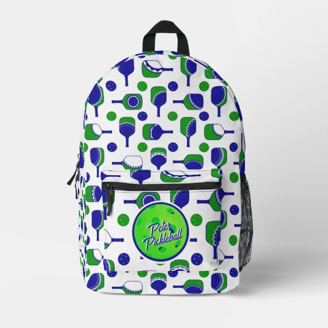 Pickleball Paddles Balls Blue Green Personalisiert Bedruckter Rucksack (Vorderseite)