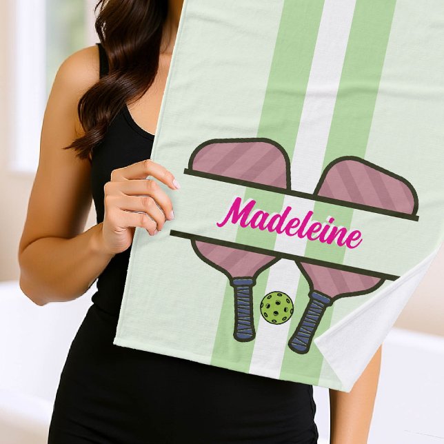 Pickleball Paddles Green Pink Personalisiertes Ges Badehandtuch (pickleball gift personalized towel paddles ball name retro calligraphy modern vintage pink green)