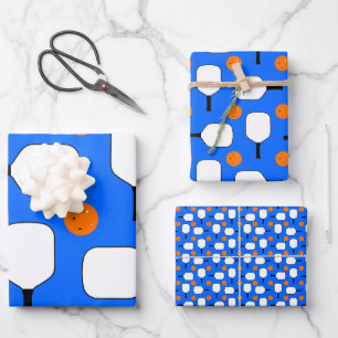 Pickleball Paddles, Orange Pickleball Balls, blau Geschenkpapier Set