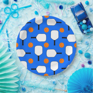 Pickleball Paddles, Orange Pickleball Balls, blau Pappteller