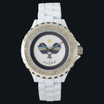 Pickleball Paddles Personalisierter Name Blau Gelb Armbanduhr<br><div class="desc">Der Pickleball Spieler oder Fan in Ihrem Leben wird diese Uhr mit gestreiften blauen,  aquamarinen,  rosten und gelben Pickleball Paddeln Liebe. Name ist anpassbar. Teil einer Sammlung von Parcel Studios.</div>
