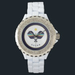 Pickleball Paddles Personalisierter Name Blau Gelb Armbanduhr<br><div class="desc">Der Pickleball Spieler oder Fan in Ihrem Leben wird diese Uhr mit gestreiften blauen,  aquamarinen,  rosten und gelben Pickleball Paddeln Liebe. Name ist anpassbar. Teil einer Sammlung von Parcel Studios.</div>