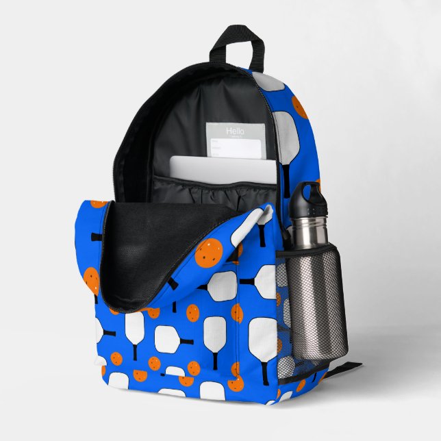 Pickleball Paddles und Orange Pickleballs auf blau Bedruckter Rucksack (Rückseitige Ecke links (Offen) )