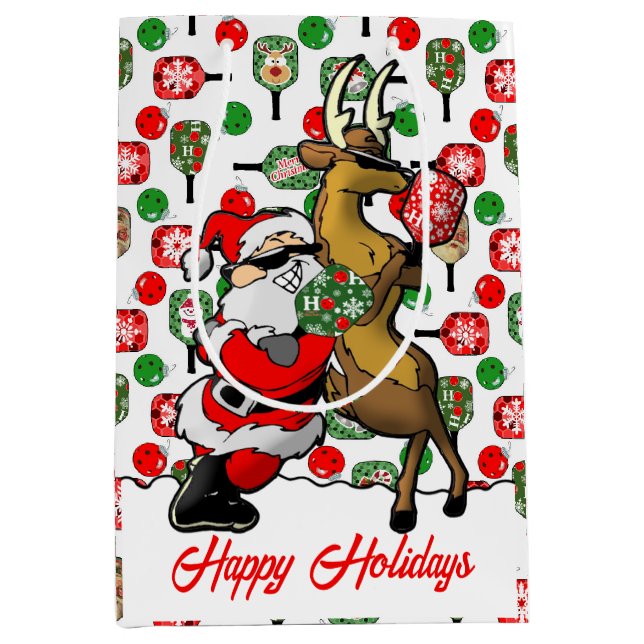 Pickleball Partners Santa & Reindeer Sleighing It Mittlere Geschenktüte (Vorderseite)