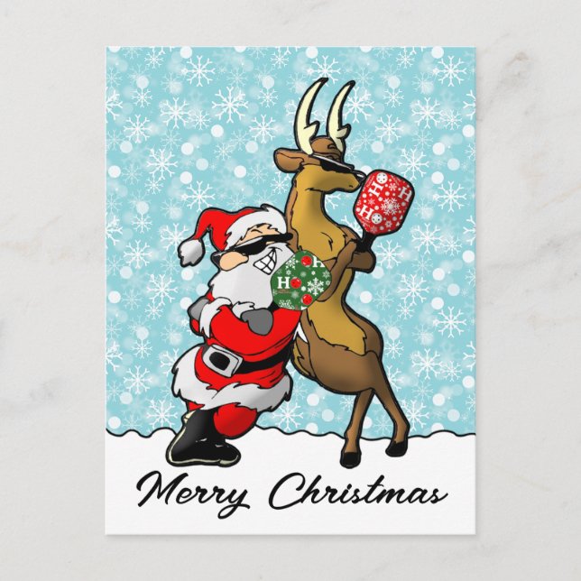 Pickleball Partners Santa & Reindeer Sleighing It Postkarte (Vorderseite)