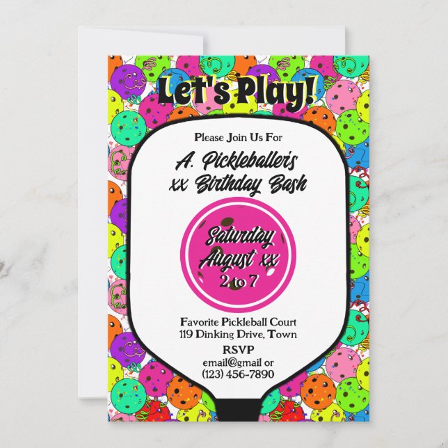 Pickleball Party Balloons Confetti Magenta Foto Einladung (Vorderseite)