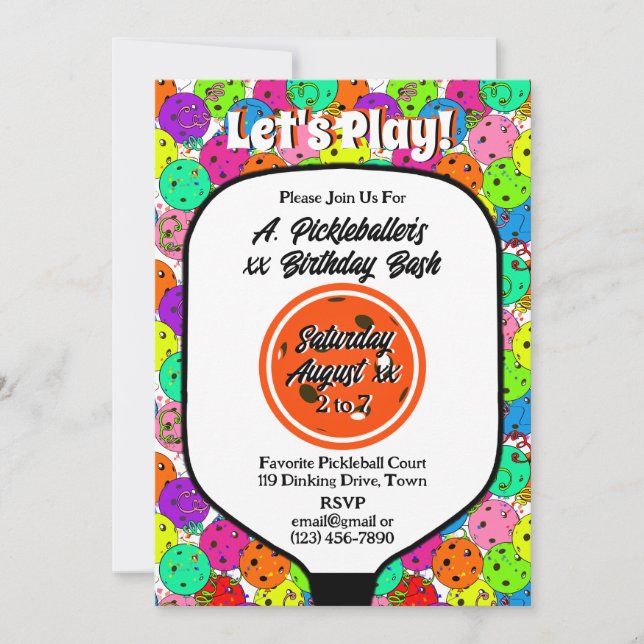 Pickleball Party Balloons Confetti Orange Foto Einladung (Vorderseite)