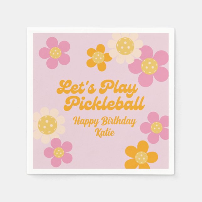 Pickleball Party Groovy Retro Rosa Orange Blume Serviette (Vorderseite)