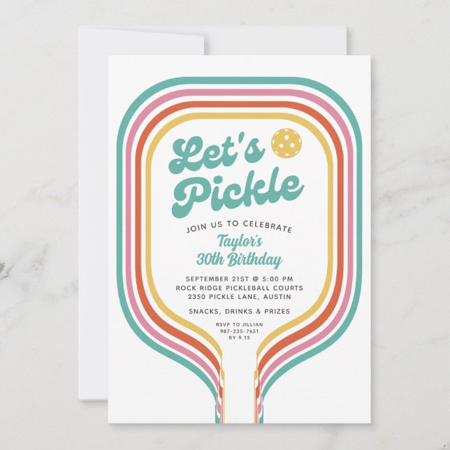 Pickleball-Party Pickle Retro-Regenbogenstreifen Einladung (Vorderseite)