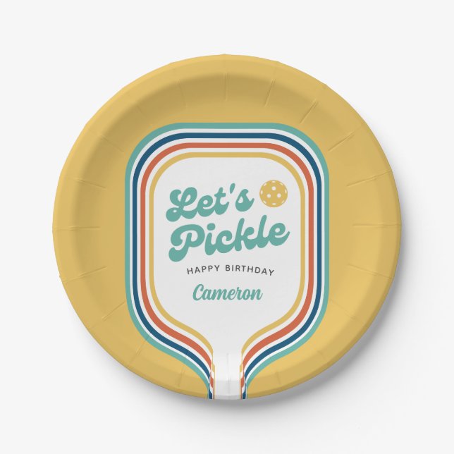 Pickleball-Party Pickle Retro-Regenbogenstreifen Pappteller (Vorderseite)