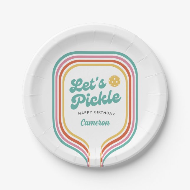 Pickleball-Party Pickle Retro-Regenbogenstreifen Pappteller (Vorderseite)