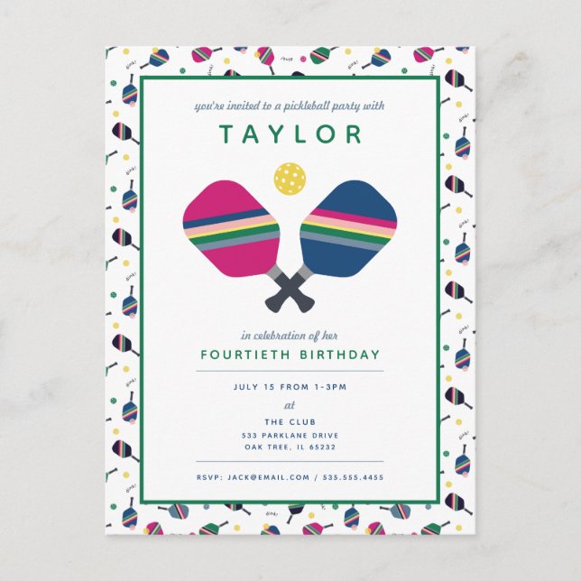 Pickleball Party Sports Blue Green Invitation Post (Devant)
