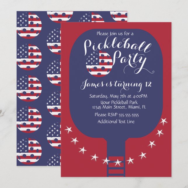 Pickleball Party US Flagge Patriotic Einladung (Vorne/Hinten)