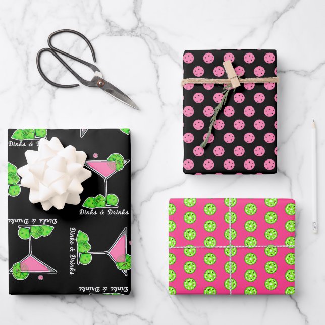  Pickleball Pink Green Dinks & Drinks Cocktails Geschenkpapier Set (Vorderseite)