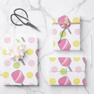 Pickleball Pink Green & Yellow Paddle und Balls Geschenkpapier Set