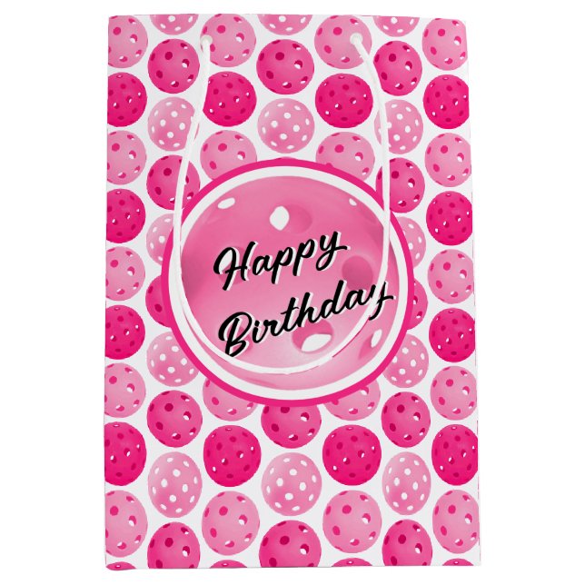 Pickleball Pink & White Pickleballs Personalisiert Mittlere Geschenktüte (Vorderseite)