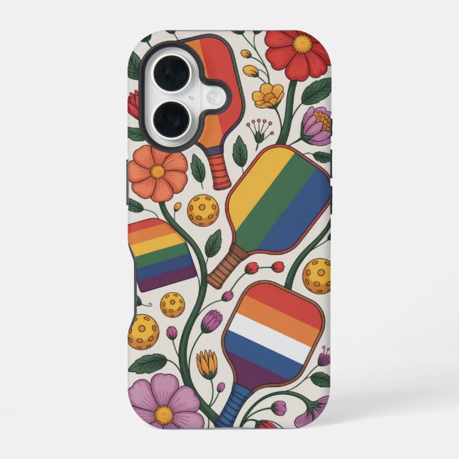 Pickleball Rainbow Flag Paddles With Flowers iPhone 16 Hülle (Rückseite)