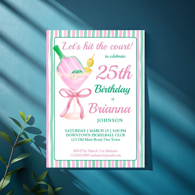 Pickleball rose et vert invitation de fête d'anniv (Pickleball pink and green coquette bow martini glass adults birthday party invitation template)