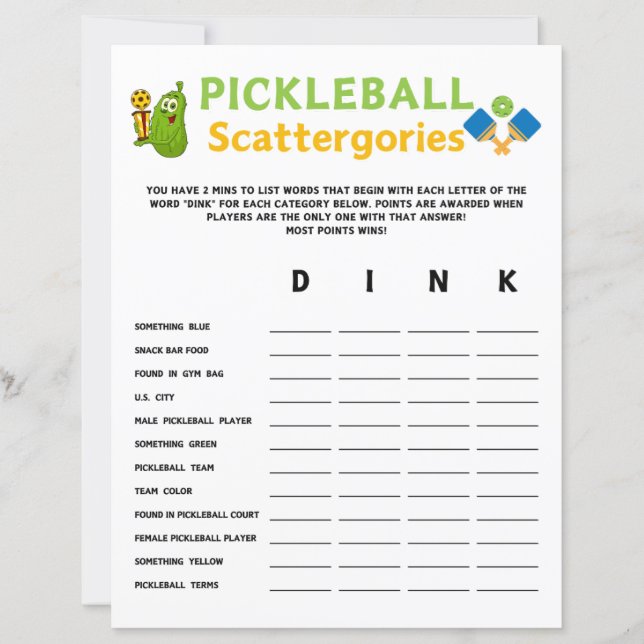 Pickleball Scattergories Game (Vorderseite)