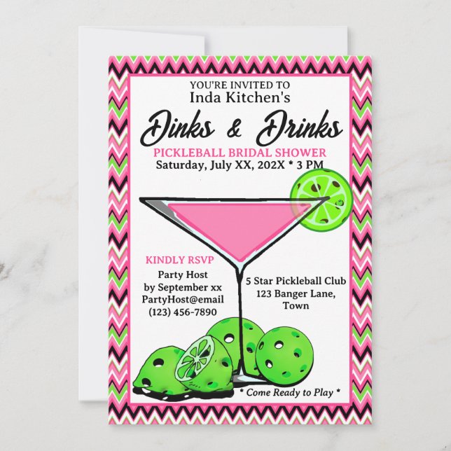 Pickleball-Shower-Dinks & Drinks Pink Chevron Einladung (Vorderseite)