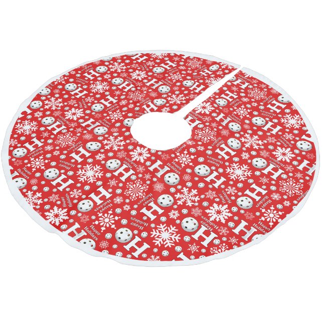 Pickleball Snowballs Schneeflocken Roter Glückwuns Polyester Weihnachtsbaumdecke (Schrägansicht)