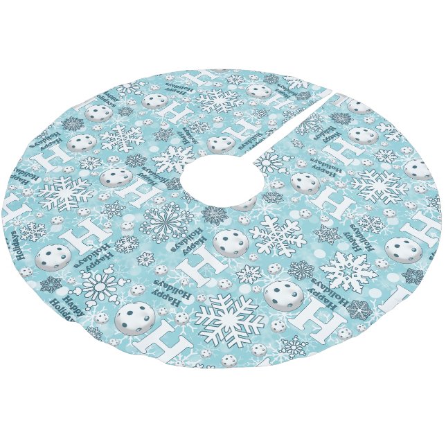 Pickleball Snowballs Urlaub im Blauen und Weißen G Polyester Weihnachtsbaumdecke (Schrägansicht)