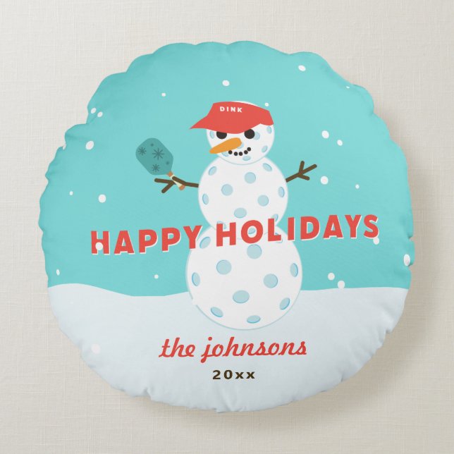 Pickleball Snowman Custom Holiday Funny Rundes Kissen (Vorderseite)
