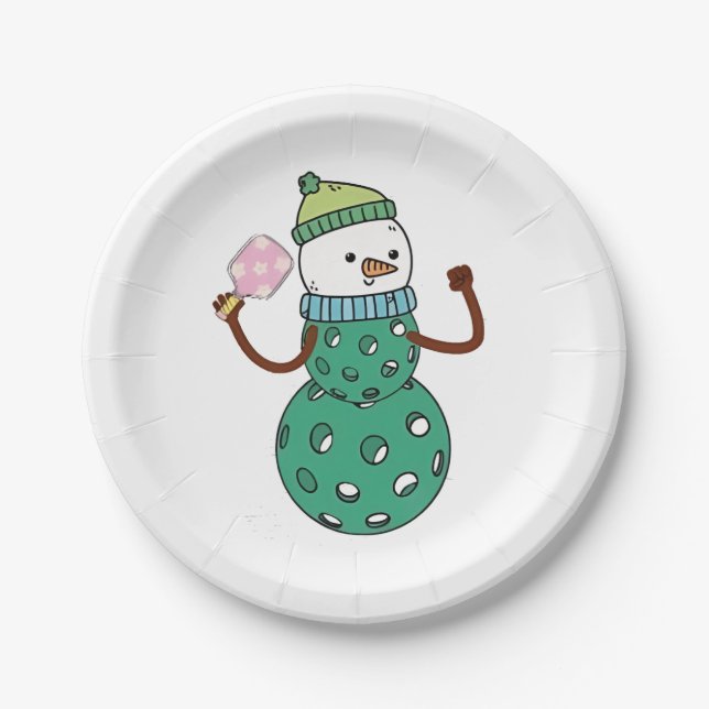 Pickleball Snowman Funny Christmas Pappteller (Vorderseite)