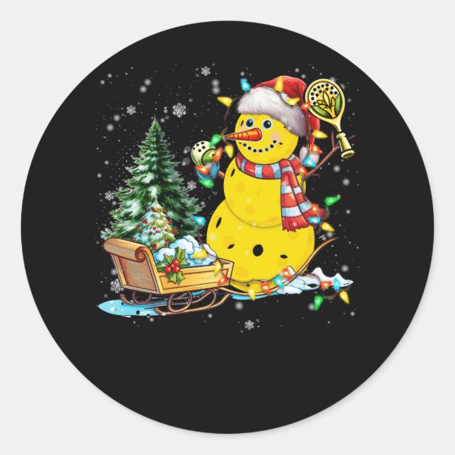 Pickleball Snowman Weihnachtsmannmütze Lights Chri Runder Aufkleber (Vorderseite)