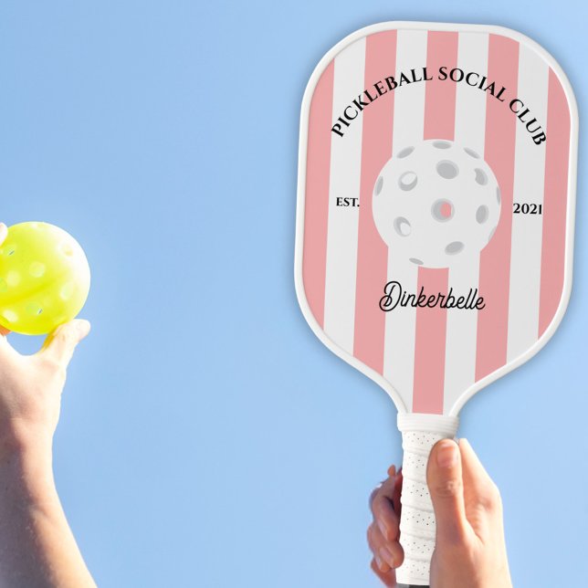 Pickleball Social Club gestreift Personalisiert Pickleball Schläger (Pickleball Social Club Personalized Paddle with pink stripes. )