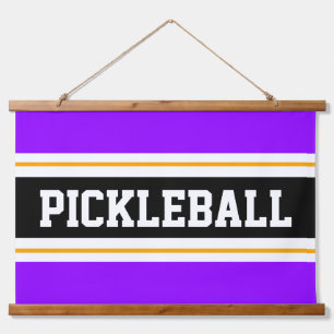 PICKLEBALL Spaß Helle, Lila, gelbe schwarze Streif Wandteppich Mit Holzrahmen