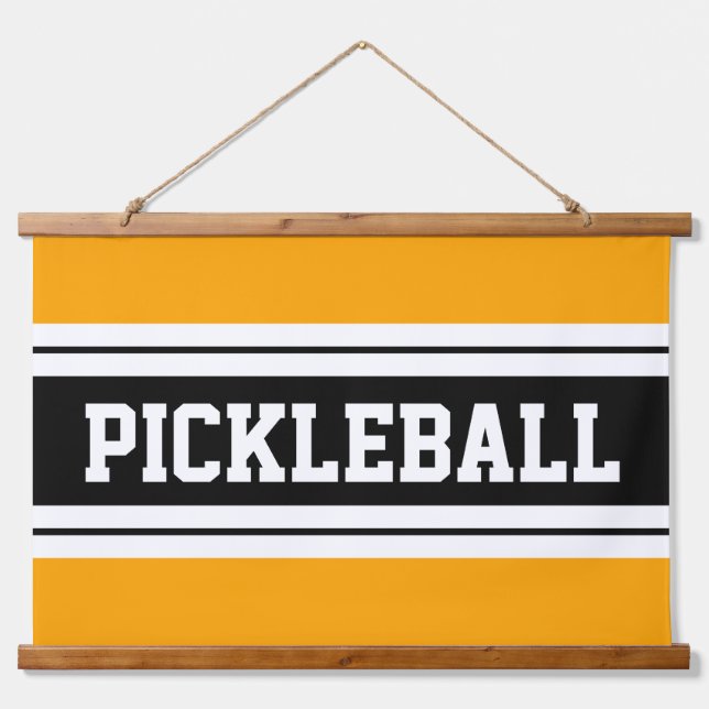 PICKLEBALL Spaß Hellgelbe Schwarz-weiße Streifen Wandteppich Mit Holzrahmen (Vorne)