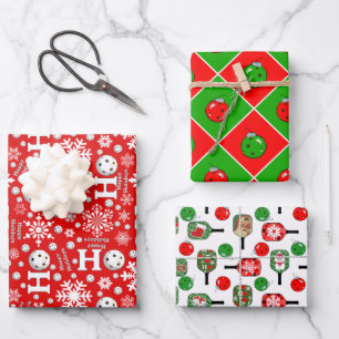 Pickleball Weihnachten Rote Grüne Ornamente Snowba Geschenkpapier Set