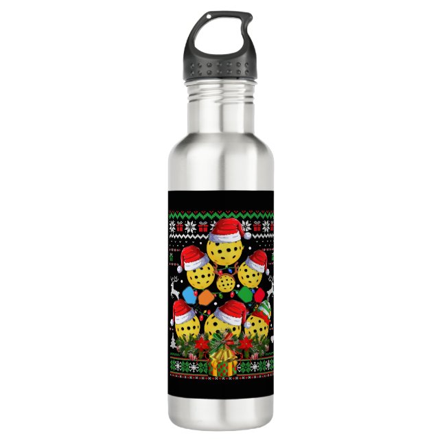 Pickleball Weihnachtsbaum Ugly Sweater Santa Paddl Edelstahlflasche (Vorderseite)