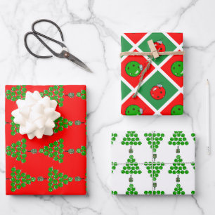 Pickleball-Weihnachtsbäume und rote grüne Ornament Geschenkpapier Set