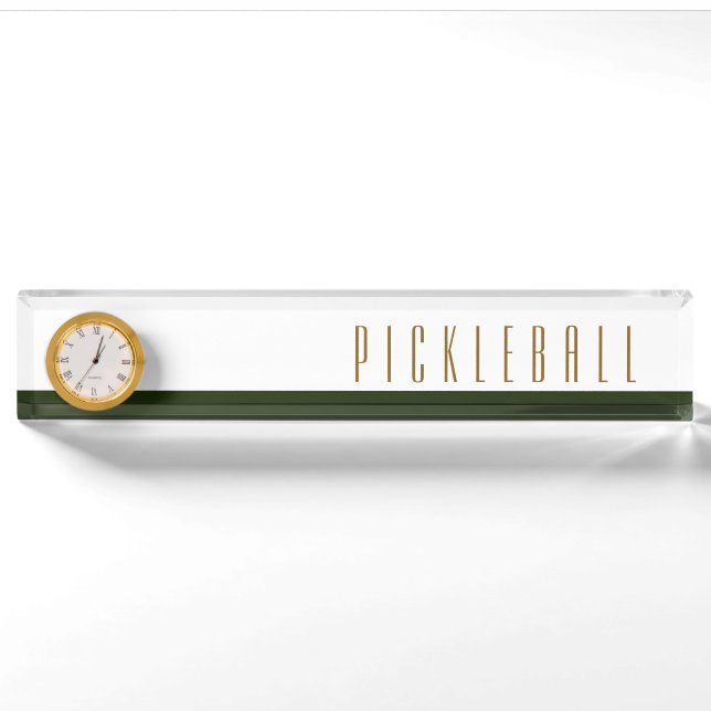 PICKLEBALL Weiße, grüne Blockuhr Namensplakette (Vorderseite)
