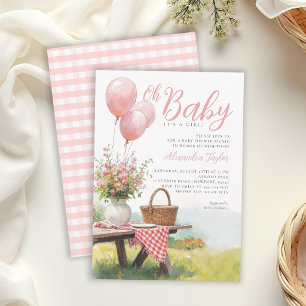 Picknick Rosa Ballons Floral Chic Mädchen Babypart Einladung