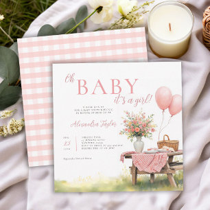 Picknick Wildblumen Luftballons Rosa Mädchen Baby- Einladung