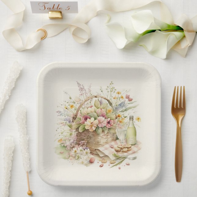 Picknickkorb mit Weinflasche Pappteller (Hochzeit)