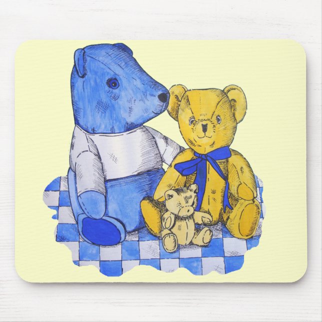 Picknicktuch aus blauem Karo mit drei alten Teedys Mousepad (Vorne)