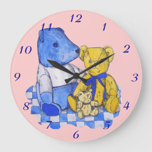 Picknicktuch aus blauem Karo und drei Teddybären Große Wanduhr