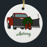 Pickup Truck with Snowplow and Christmas Wreath Keramik Ornament<br><div class="desc">Create a personalized Christmas gift that's perfect for anyone who spends their winters out plowing driveways. This ornament has an illustration of a pickup truck in red with a dark gray snowplow and a festive Christmas wreath decorating the plow. This Christmas ornament is ready to be personalized with a name...</div>