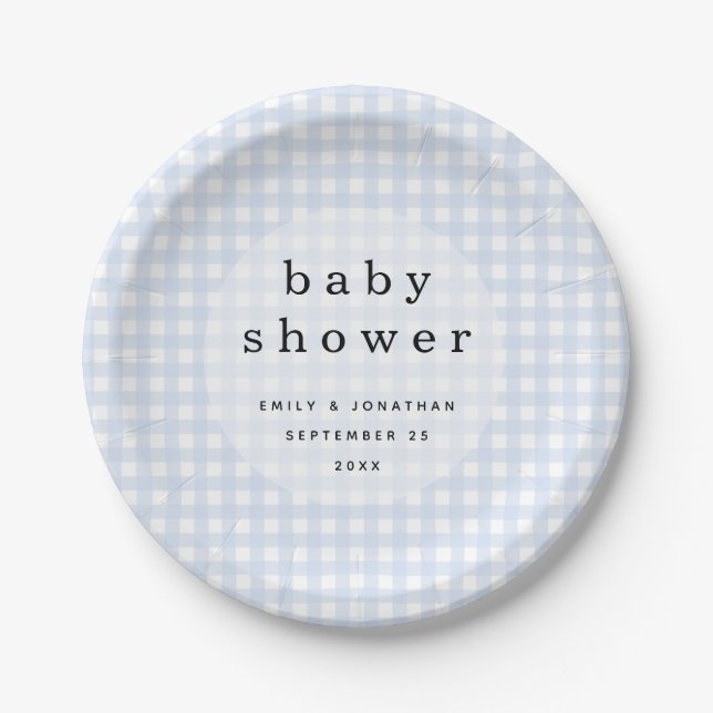 Picnic Baby Shower Names Date Blue Gingham Pappteller (Vorderseite)