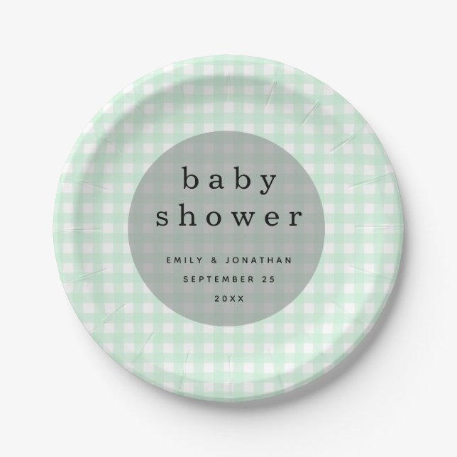 Picnic Baby Shower Names Date Green Gingham Pappteller (Vorderseite)