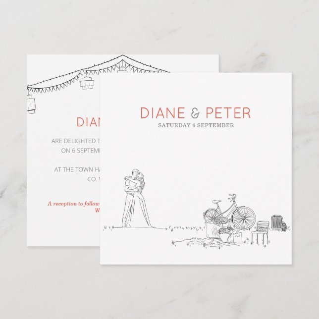 Picnic Garden Minimalistisch Black and White Weddi Einladung (Vorne/Hinten)
