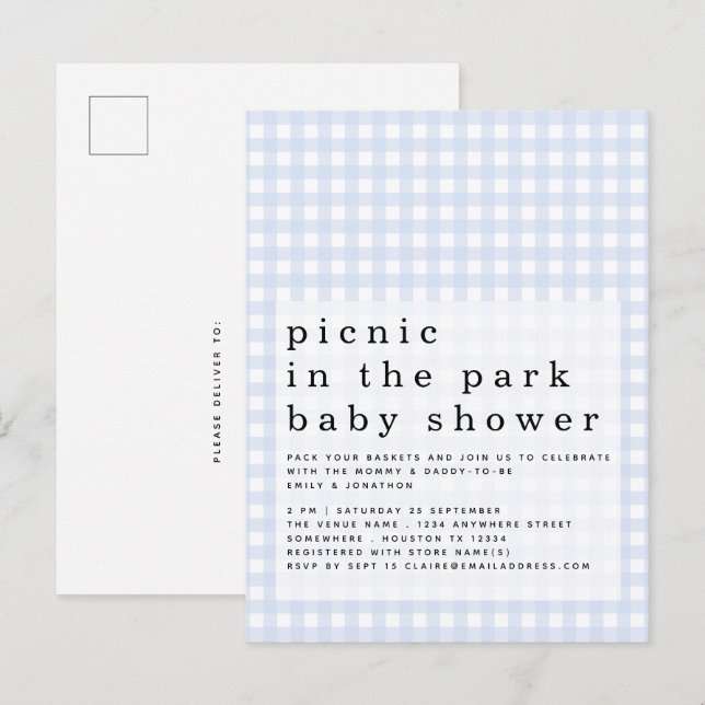 Picnic in Park Baby Dusche Blue Gingham Einladung Postkarte (Vorne/Hinten)