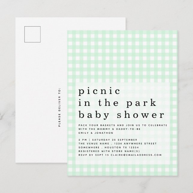 Picnic in Park Baby Dusche Green Gingham Einladung Postkarte (Vorne/Hinten)