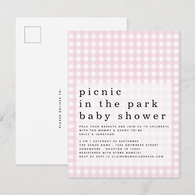 Picnic in Park Baby Dusche Pink Gingham Einladung Postkarte (Vorne/Hinten)