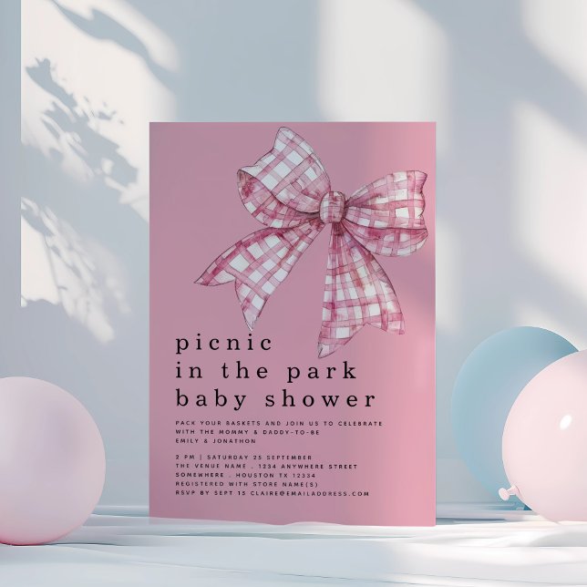 Picnic in Park Pink Gingham Bow Baby Shower Einladung (Von Creator hochgeladen)