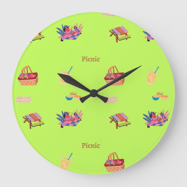 Picnic-Muster auf grün Große Wanduhr (Vorderseite)